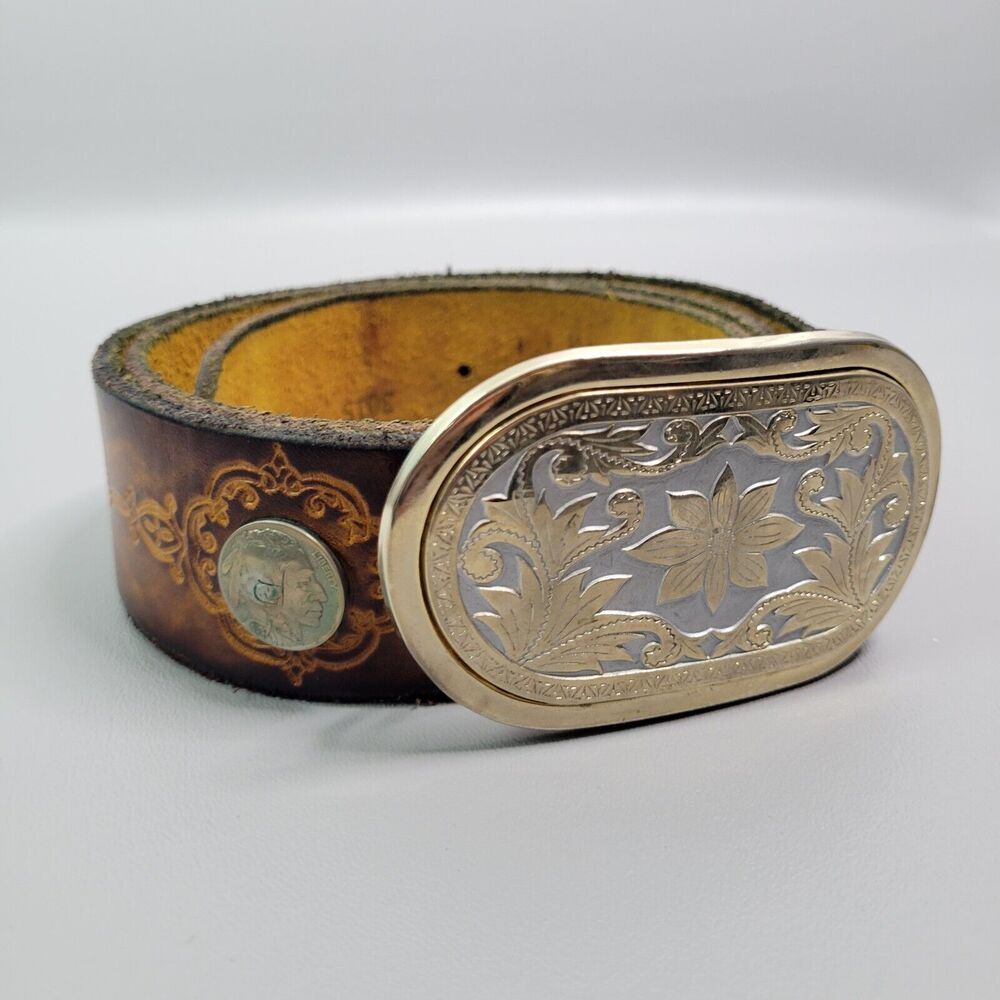 Brown Leather Western Belt with Ornate Silver-Tone Buckle